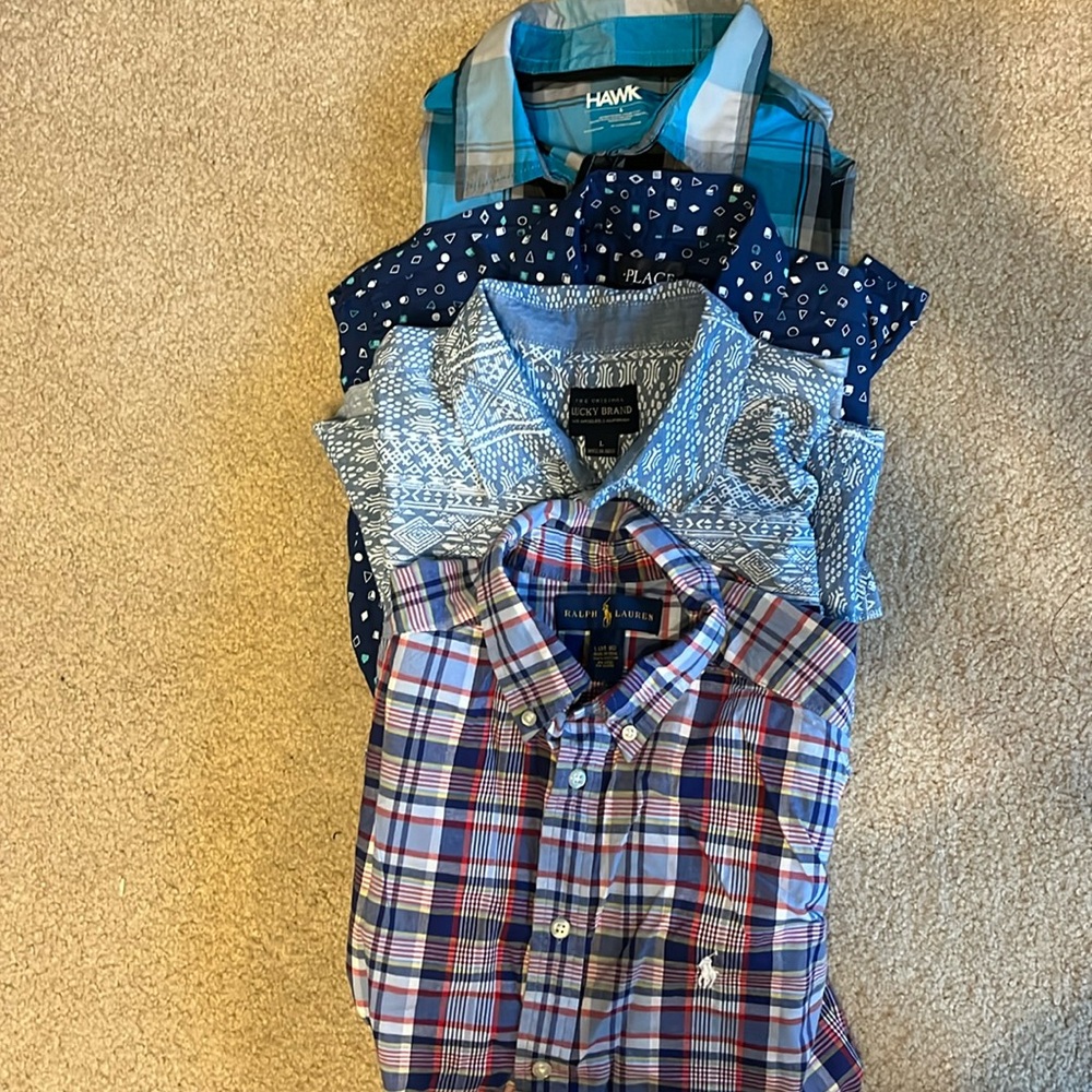 Four short sleeve button down shirt.  Size large. Various brands
